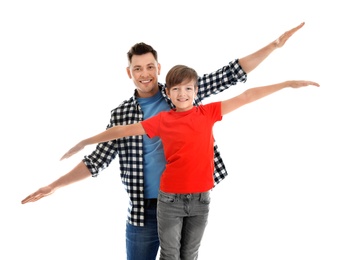 Dad and his son playing on white background
