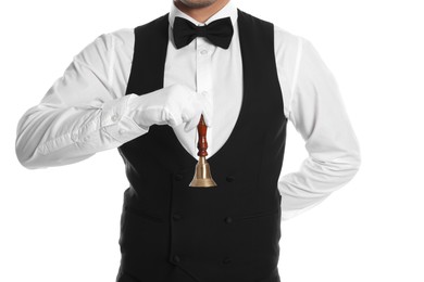 Photo of Butler holding hand bell on white background, closeup