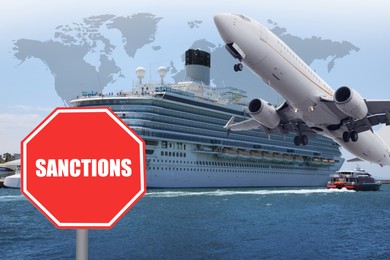 Image of Sanctions and tourism. Stop sign in front of cruise ship and airplane. Illustration of world map