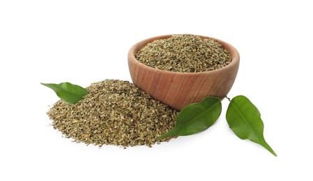 Photo of Wooden bowl with aromatic mate tea on white background