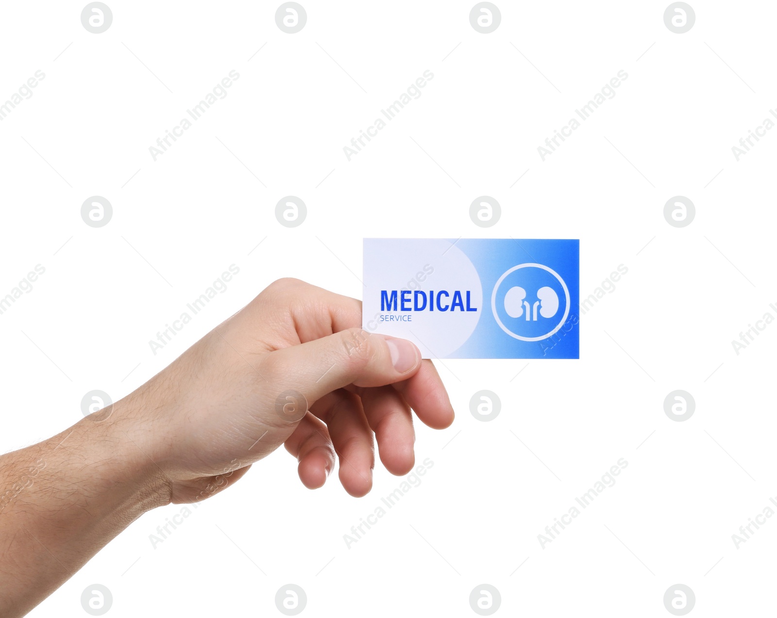 Photo of Man holding medical business card isolated on white, closeup. Nephrology service