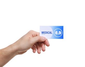 Man holding medical business card isolated on white, closeup. Nephrology service