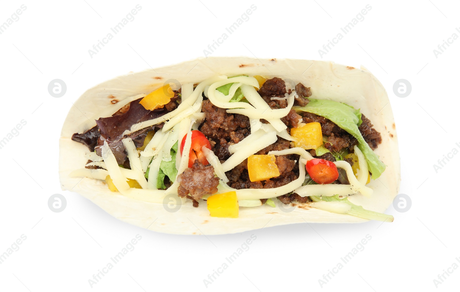 Photo of Delicious taco with fried meat, vegetables and cheese isolated on white, top view