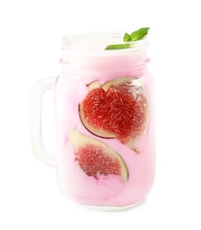 Photo of Delicious fig smoothie in mason jar on white background
