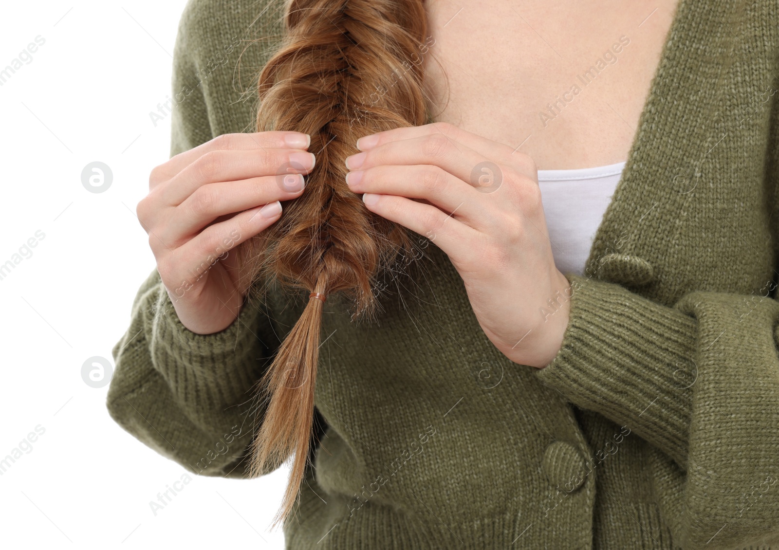 Photo of Woman with braided hair on white background, closeup