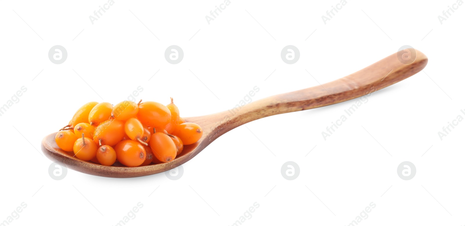 Photo of Fresh ripe sea buckthorn berries in wooden spoon on white background