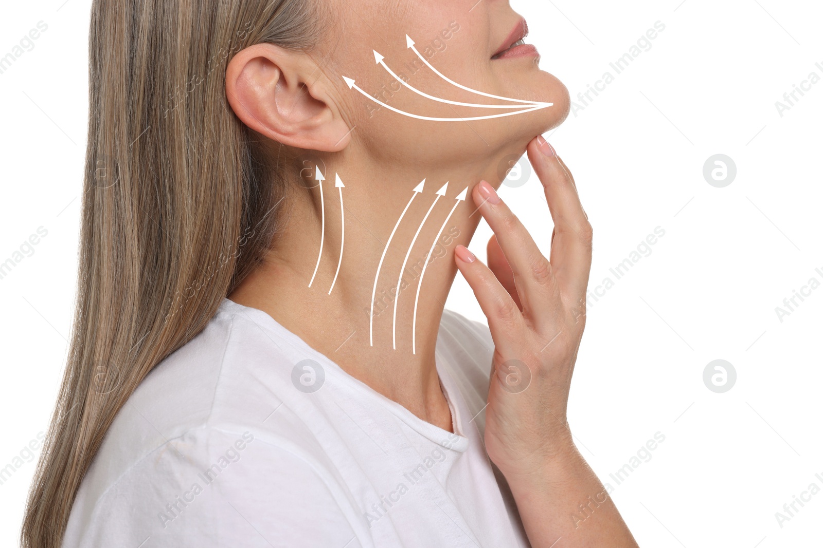 Image of Woman with perfect skin after cosmetic treatment on white background, closeup. Lifting arrows on her neck and face