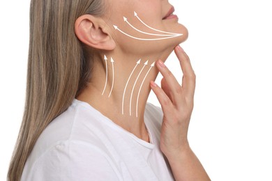 Image of Woman with perfect skin after cosmetic treatment on white background, closeup. Lifting arrows on her neck and face