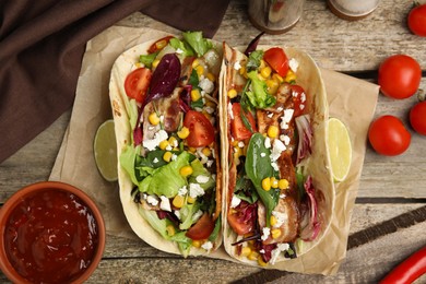 Delicious tacos with fried bacon, lime and sauce on wooden table, flat lay