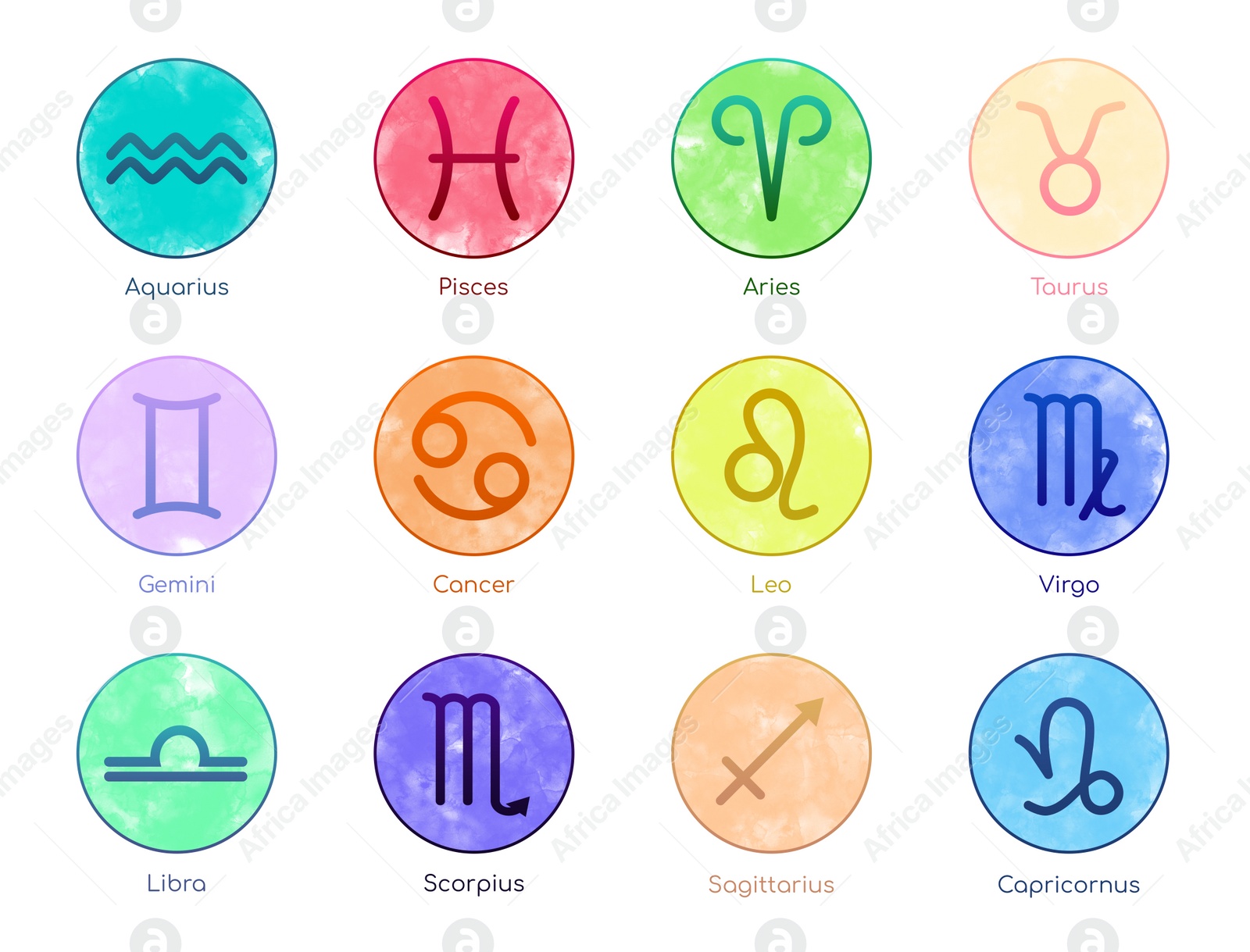 Image of Set with 12 zodiac signs on white background, illustration