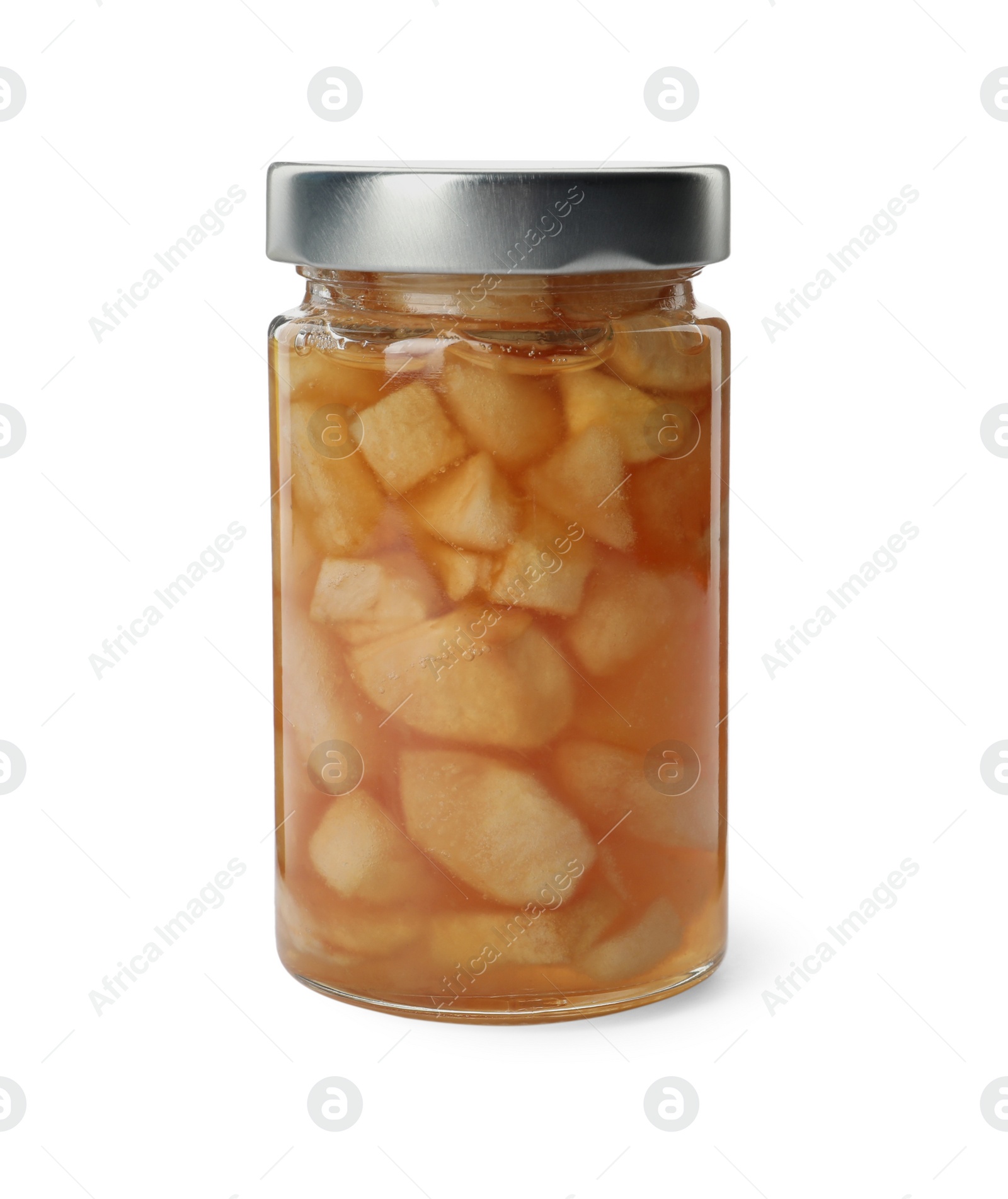 Photo of Tasty apple jam in glass jar isolated on white