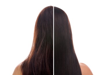 Image of Photo of woman divided into halves before and after hair treatment on white background