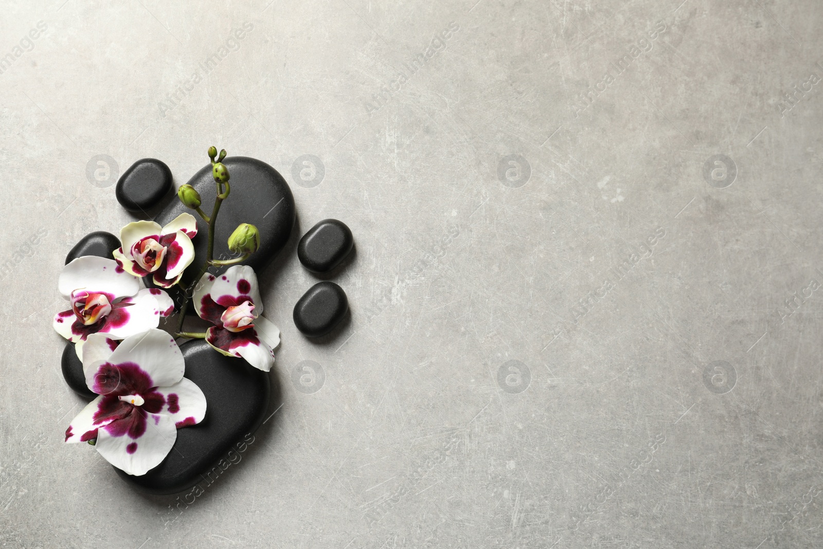 Photo of Flat lay composition with spa stones and orchid flowers on grey background. Space for text