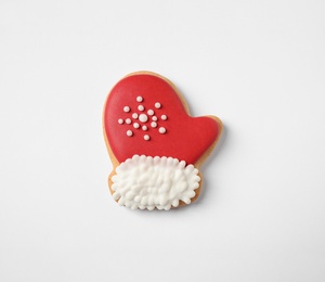 Photo of Tasty homemade Christmas cookie on white background, top view