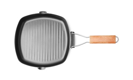 Photo of One grill frying pan isolated on white, top view. Cooking utensil