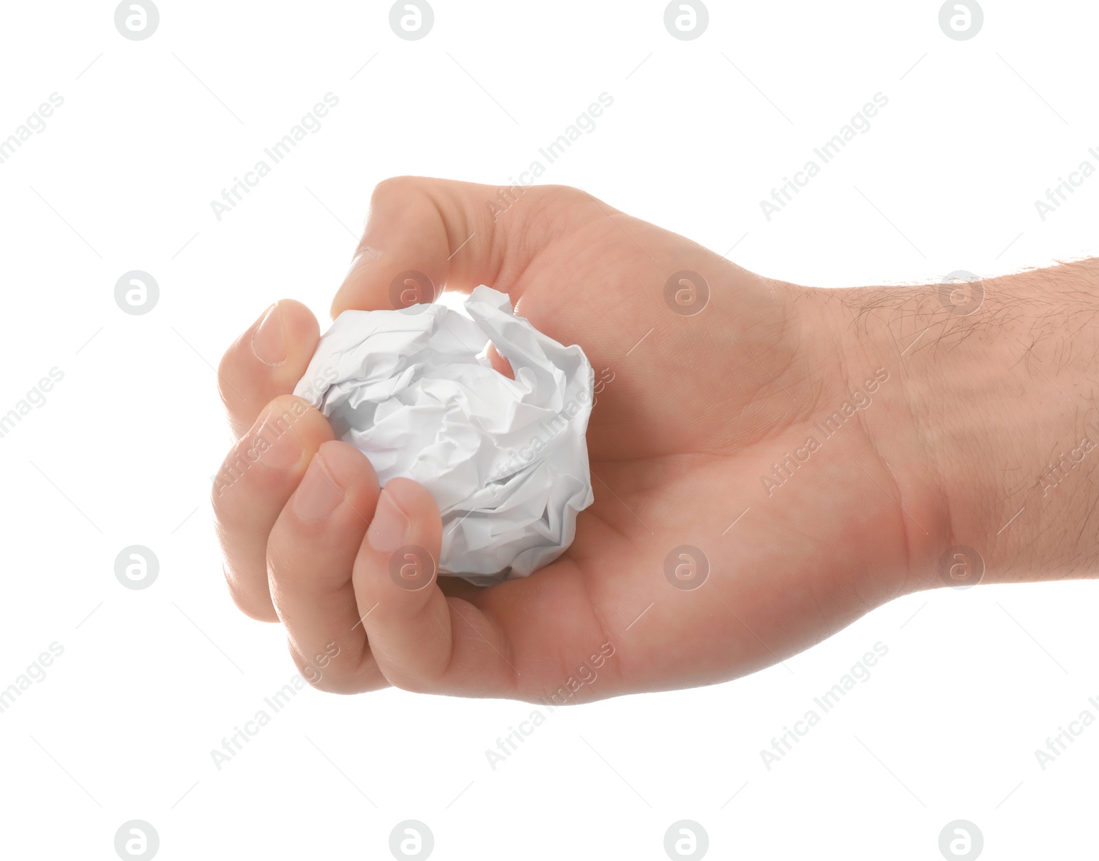 Photo of Man crumpling paper against white background, closeup. Generating idea