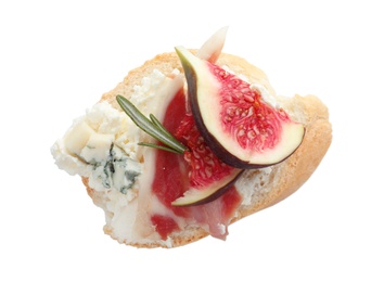 Photo of Sandwich with ripe fig, prosciutto and cream cheese on white background, top view