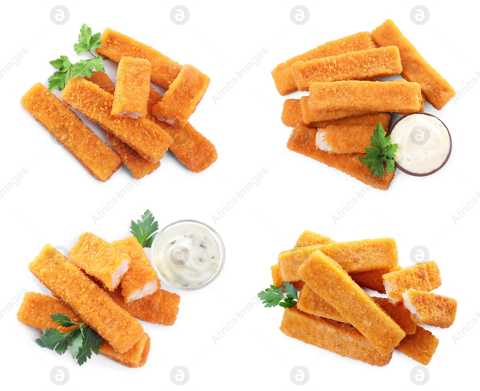 Image of Set with delicious fish fingers on on white background, top view