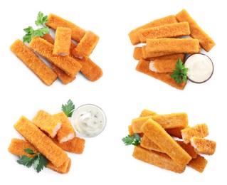 Image of Set with delicious fish fingers on on white background, top view