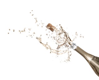 Image of Sparkling wine splashing out of bottle on white background