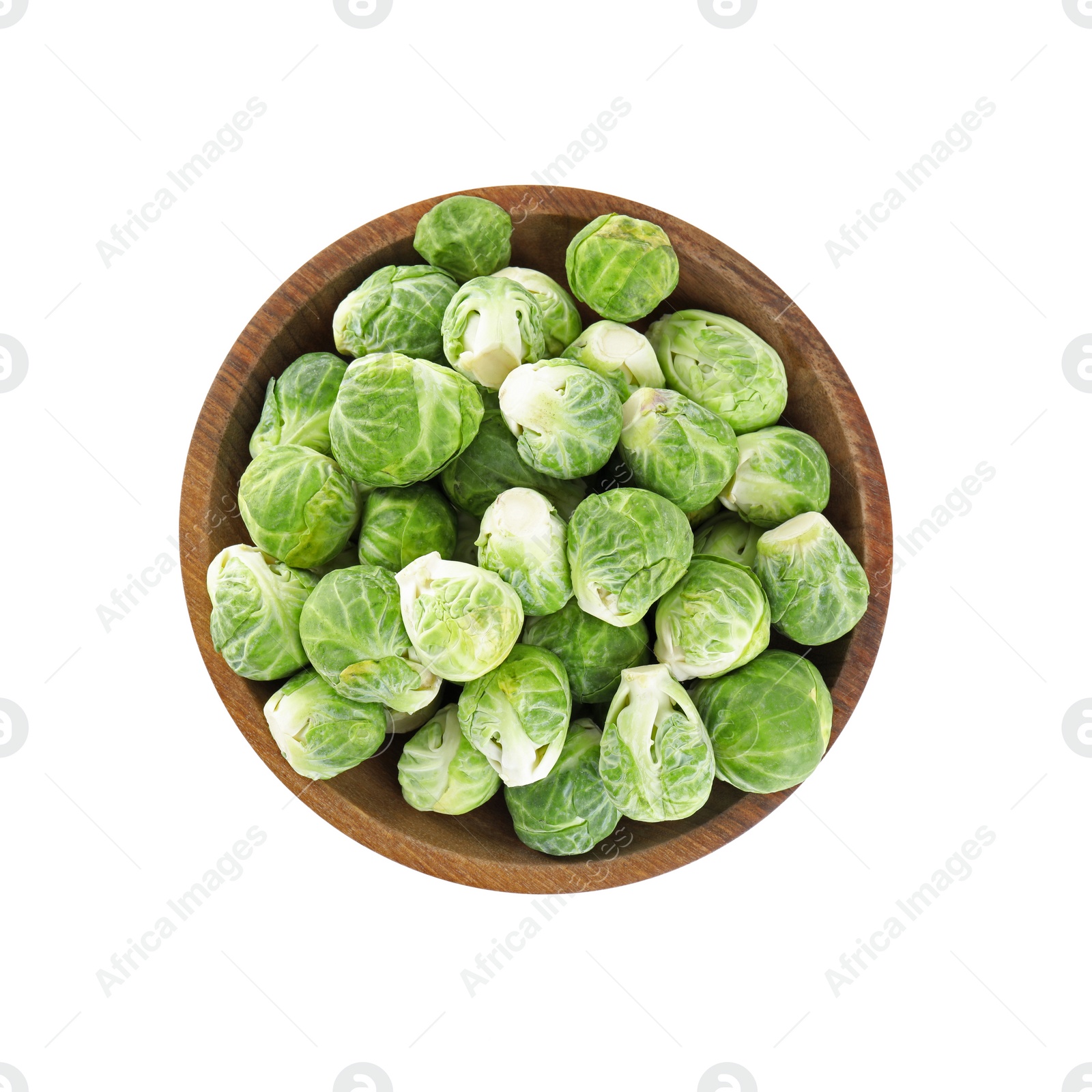 Photo of Fresh Brussels sprouts in bowl isolated on white, top view