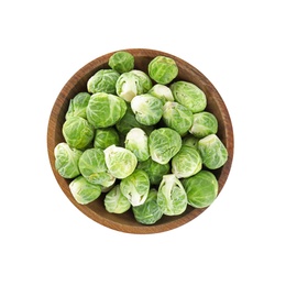 Fresh Brussels sprouts in bowl isolated on white, top view