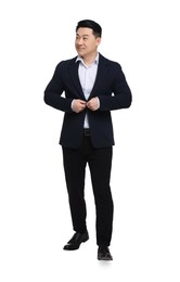 Businessman in suit posing on white background