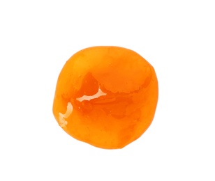 Photo of Tasty apricot jam on white background, top view