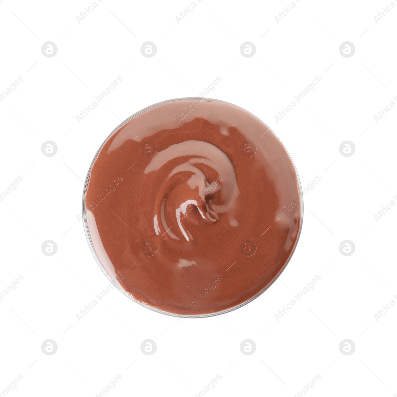 Photo of Glass with tasty chocolate cream isolated on white, top view