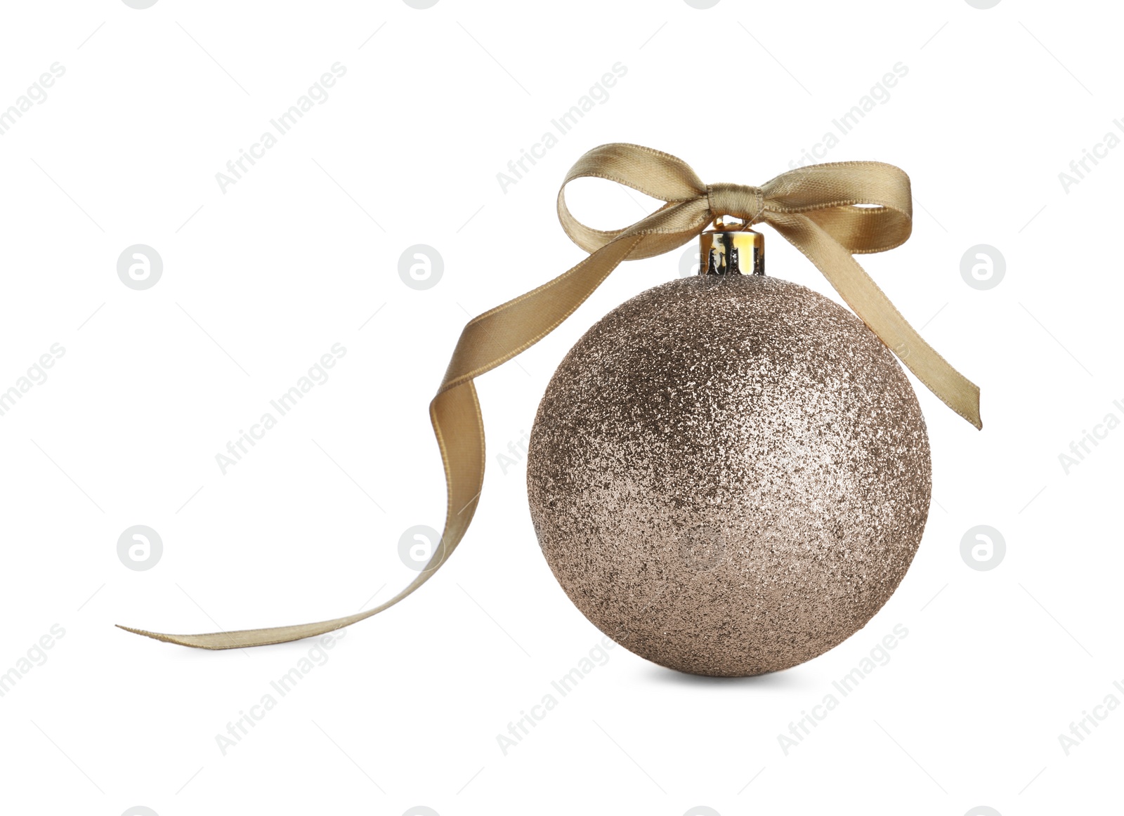 Photo of Beautiful golden Christmas ball with ribbon isolated on white