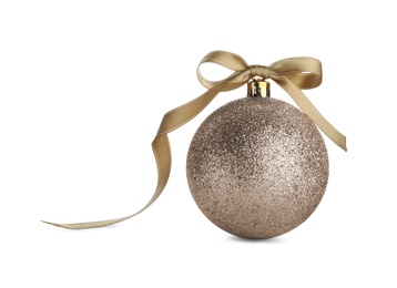 Photo of Beautiful golden Christmas ball with ribbon isolated on white