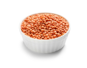 Photo of Bowl with red lentils on white background. Natural food high in protein