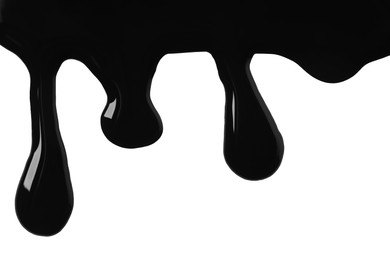 Photo of Drops of black glossy paint on white background, top view