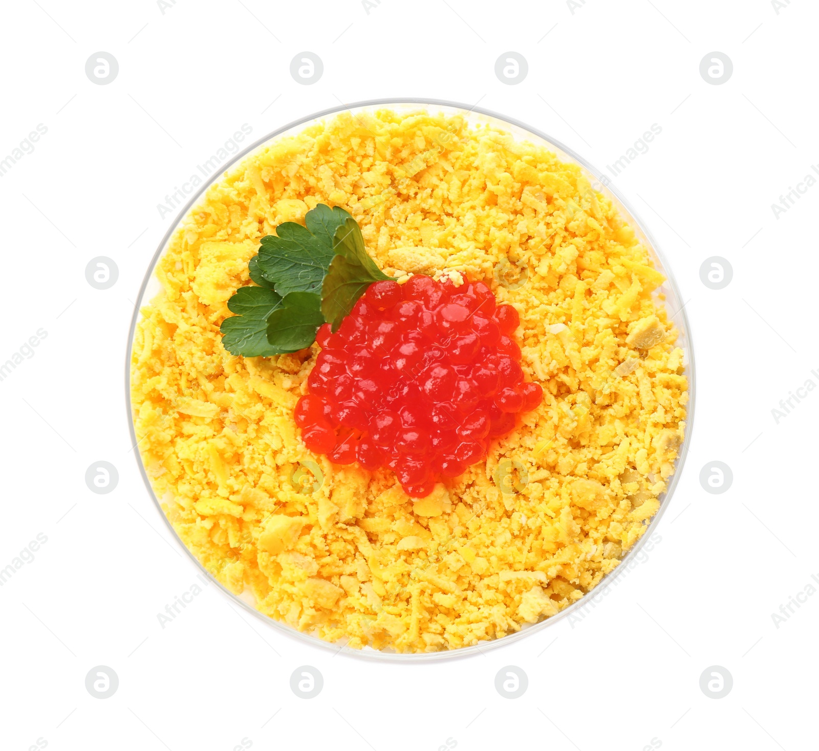 Photo of Traditional russian salad Mimosa on white background, top view