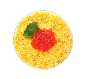 Traditional russian salad Mimosa on white background, top view