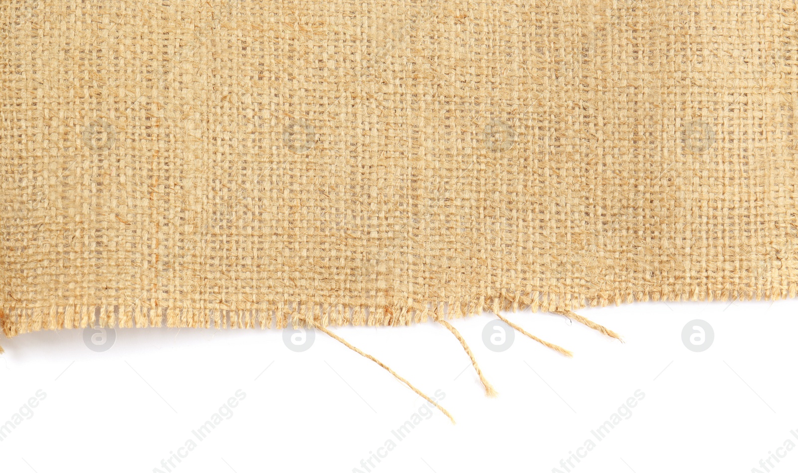 Photo of Piece of burlap fabric isolated on white, top view