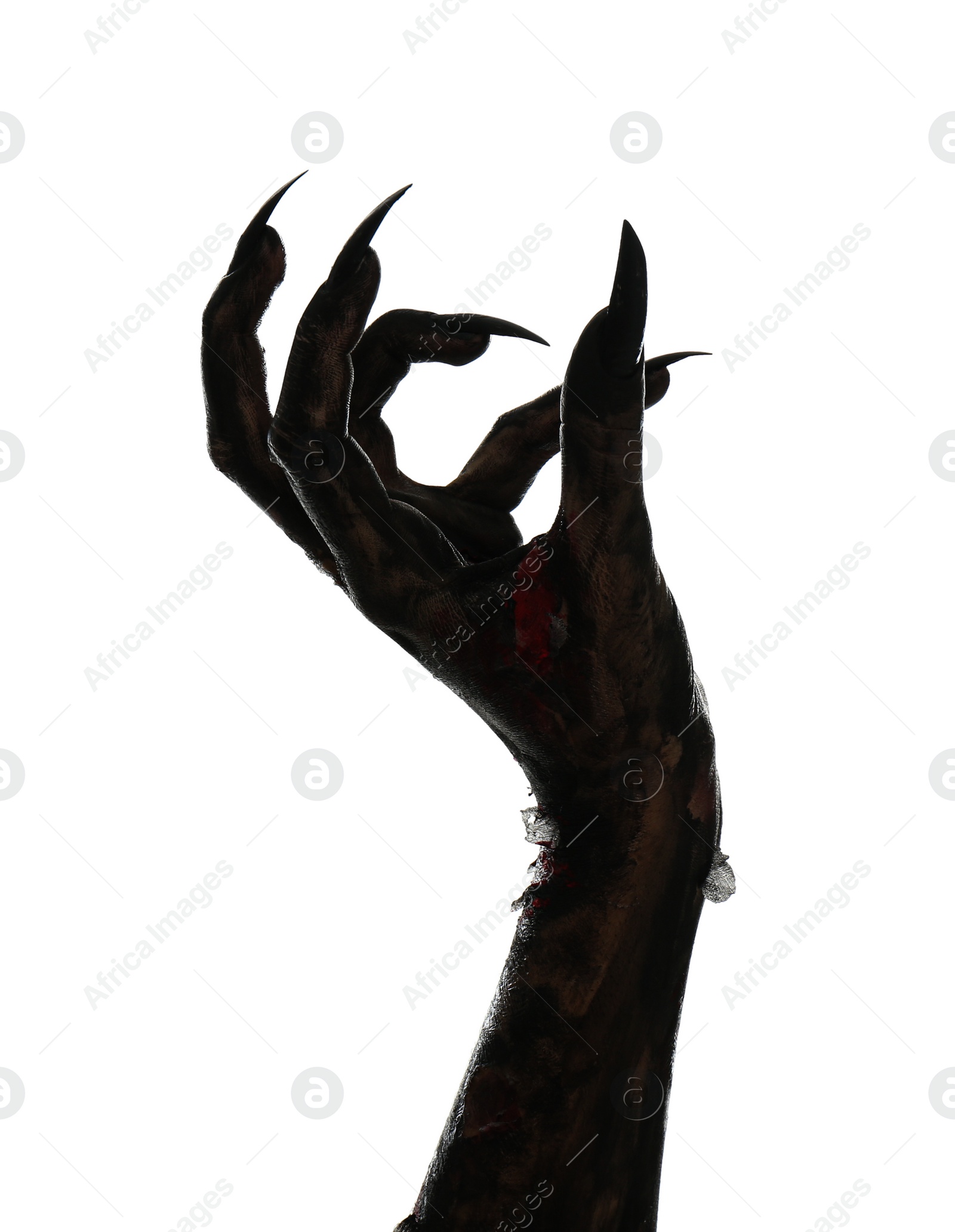 Photo of Scary monster on white background, closeup of hand. Halloween character