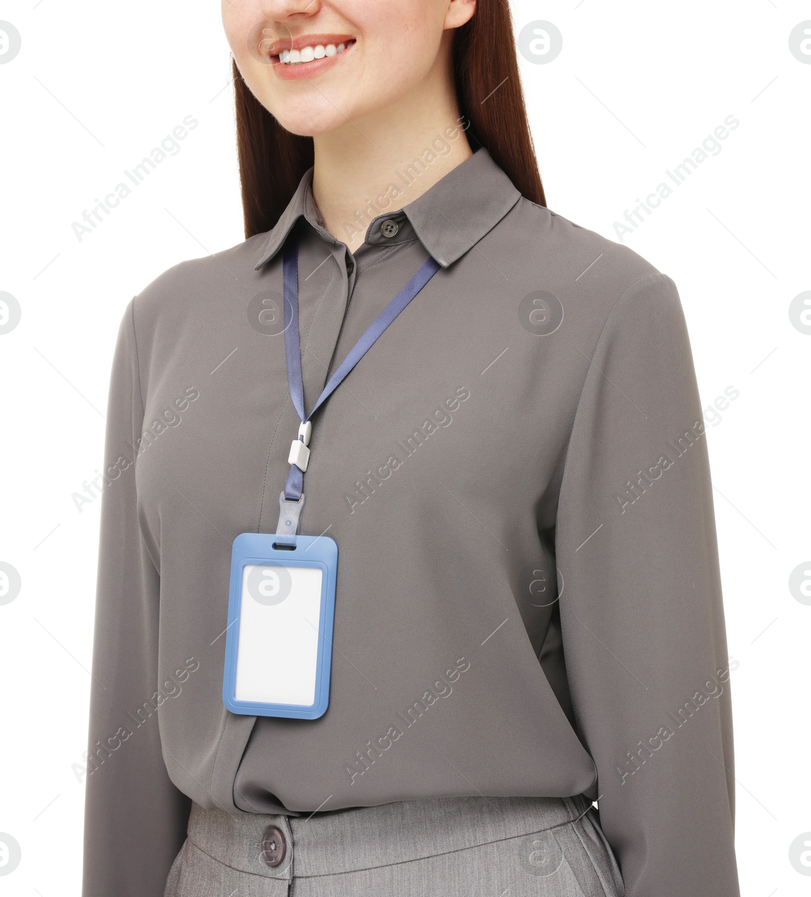 Photo of Woman with blank badge on white background, closeup