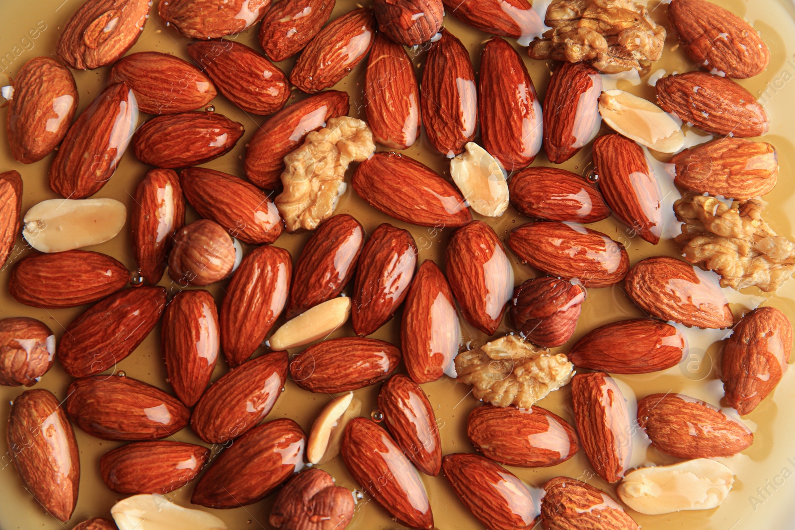 Photo of Tasty almond nuts with honey as background, top view