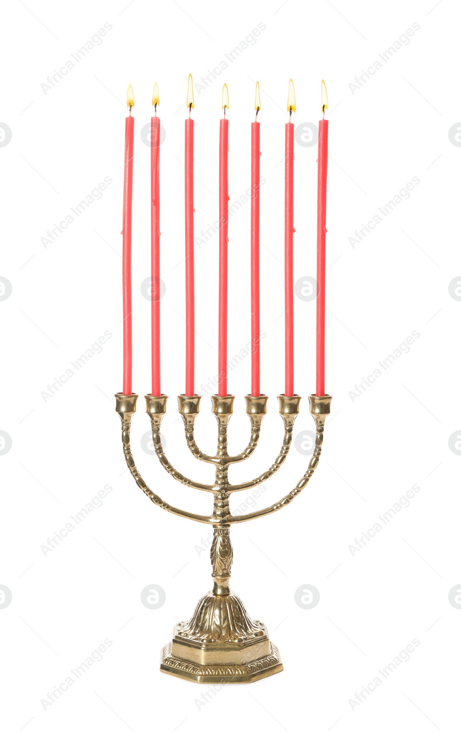 Photo of Golden menorah with burning candles on white background