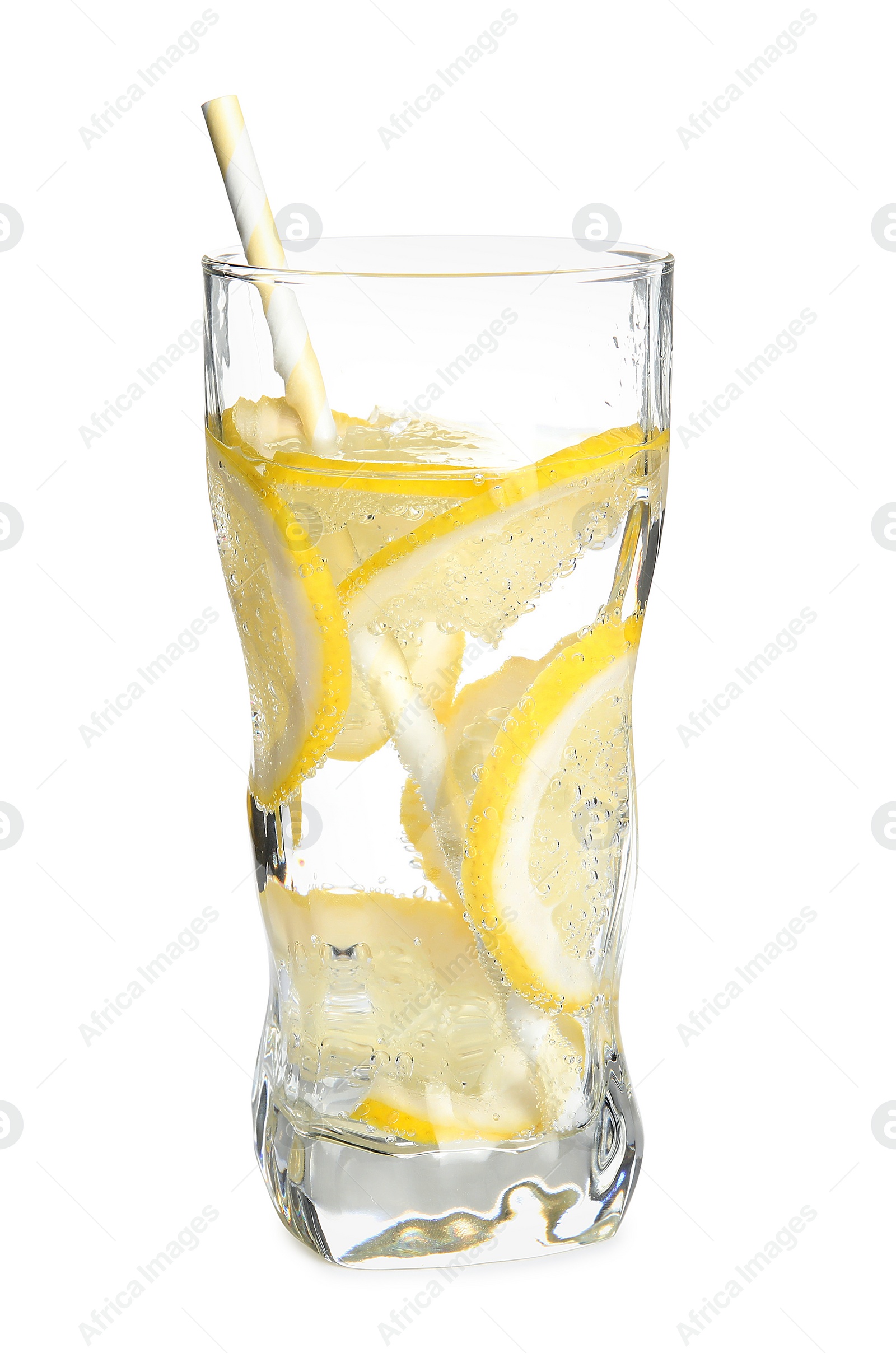 Photo of Soda water with lemon slices isolated on white