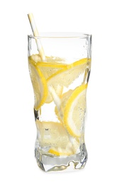 Soda water with lemon slices isolated on white