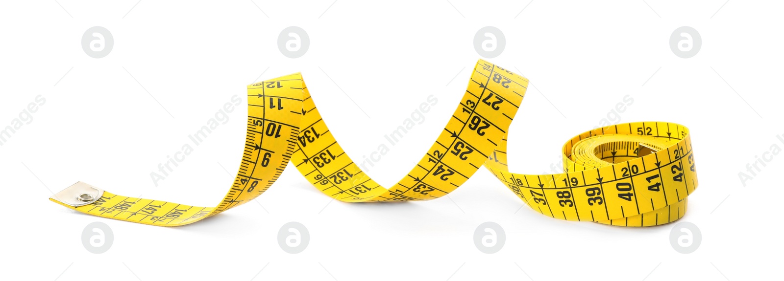 Photo of Long yellow measuring tape isolated on white