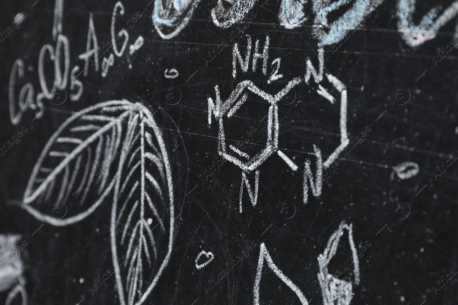 Photo of Chemical formulas and different pictures drawn on blackboard