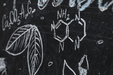 Chemical formulas and different pictures drawn on blackboard