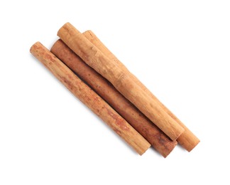 Aromatic cinnamon sticks isolated on white, top view