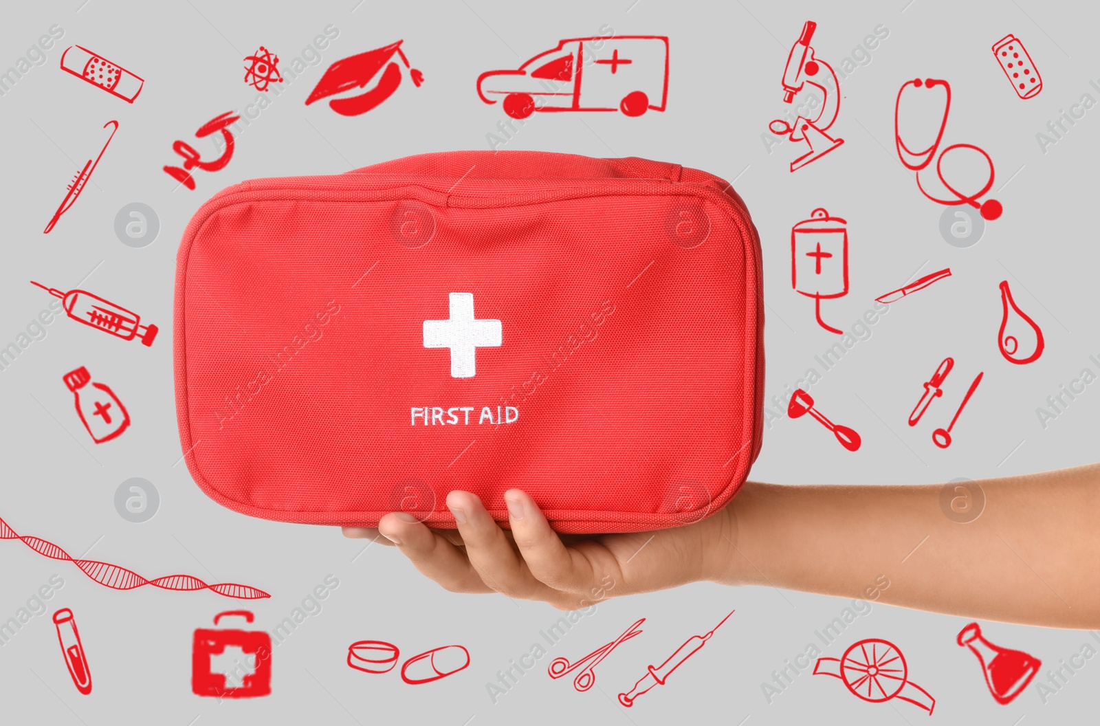 Image of Woman holding first aid kit and different images on grey background, closeup