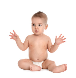 Photo of Cute little baby in diaper on white background