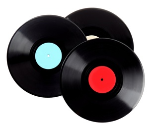 Black vintage vinyl records on white background
