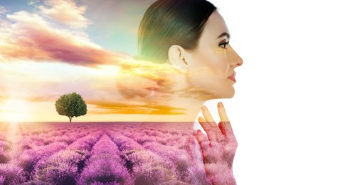 Image of Harmony, balance, mindfulness. Beautiful woman and lavender field, double exposure